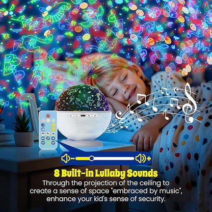 Night Light Projector,Night Light for Kids Room with Remote and Timer,360° Rotation,3 Projection Films,18 Light Modes,8 Lullaby Songs,Kids Night Lamp, Birthday Christmas Gifts for Boys Girls (white)