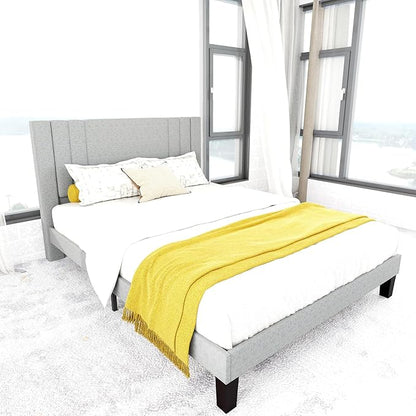 Tyndall Queen Size Bed Frame, Linen Fabric Upholstered Platform with Headboard