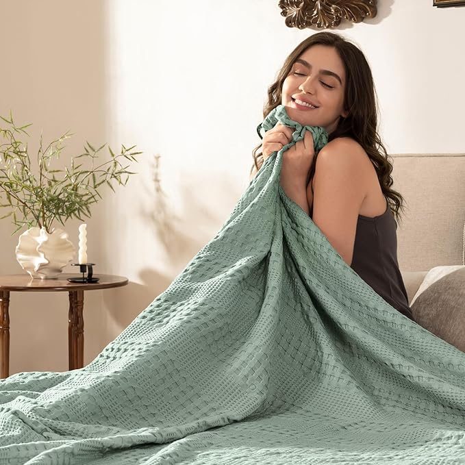 PHF Cooling Waffle Blanket Queen Size, Lightweight 60% Rayon Derived from Bamboo & 40% Cotton Breathable Blanket for Hot Sleepers, Soft and Luxury for Bed Couch and Sofa, 90"x90", Sage Green