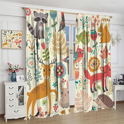 Kids Baby Woodland Blackout Curtains,Forest Animals Plants Cartoon Funny Colorful Deer Fox Owl Pattern Thermal Insulation Window Drapes for Boys Girls Children's Bedroom 63x63in