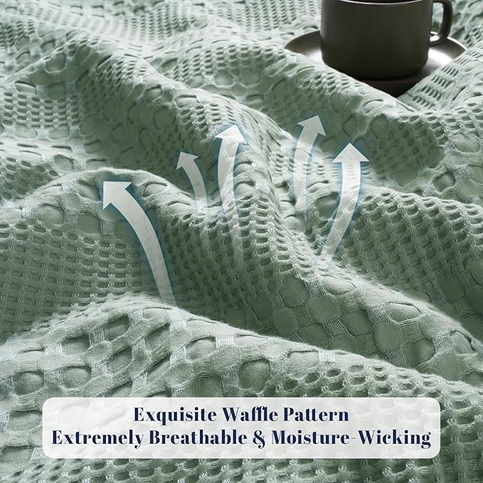 PHF Cooling Waffle Blanket Queen Size, Lightweight 60% Rayon Derived from Bamboo & 40% Cotton Breathable Blanket for Hot Sleepers, Soft and Luxury for Bed Couch and Sofa, 90"x90", Sage Green