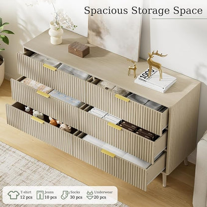 LYNSOM 55" Wide Fluted Dresser for Bedroom with 6 Drawer, Modern Chest of Drawers with Curved Profile Design and Metal Handles, Wood Dresser TV Stand & Storage Organizer for Living Room, Beige
