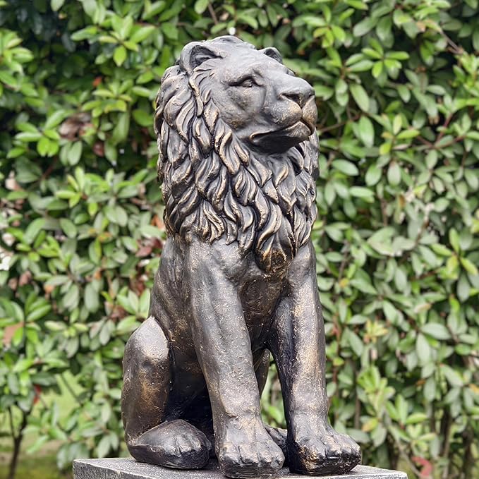 Lion Statue Majestic Sitting Lion Sculpture Guardian Lion for Outdoor Garden Patio Yard and Lawn Decor in Antique Bronze 23'' High