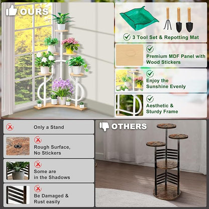 6-Tier Corner Plant Stand, Indoor Plant Stand with L-shaped Base, Aesthetic Metal Plants Shelf for Multiple Plants Flower Pot, MDF Outdoor Plant Holder for Patio Balcony (White)