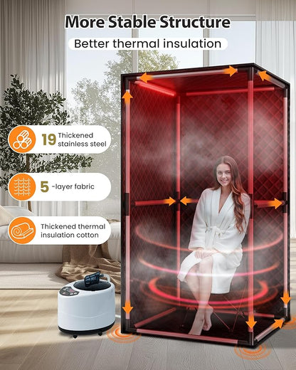 Infrared Sauna, Portable Steam Sauna Box with XL Steamer and Folding Chair, 5-Layer Waterproof and Thermal Insulation, for Home Spa, Detoxification, Relief Muscle Pain, Indoor & Outdoor(Dark Black)