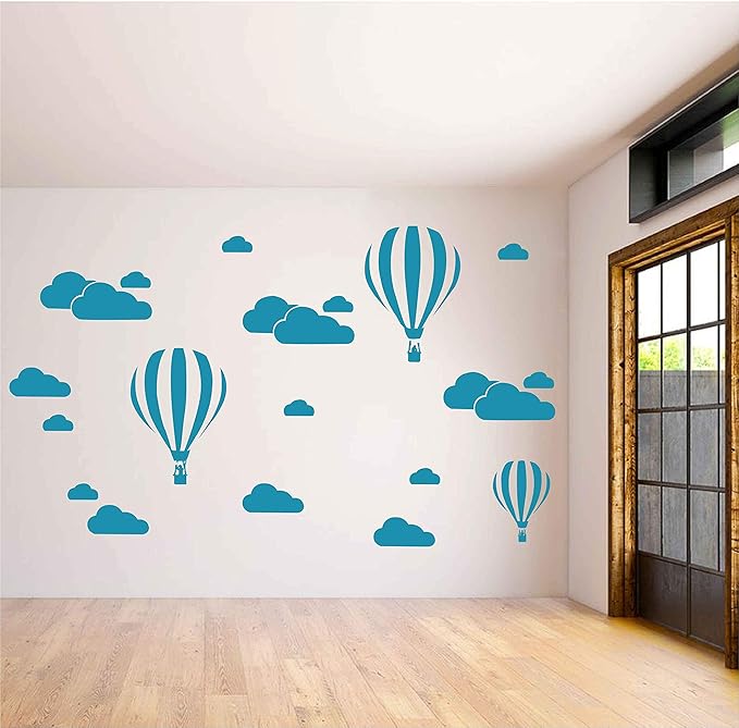 Giant Removable Vinyl 3D Hot air Balloons with Clouds Wall Decals DIY Wall Stickers Nursery Decor Kids Bedroom Art Decoration Girls Rooms Decal Child Sticker Home Walls Decal (White) D952 (Teal)