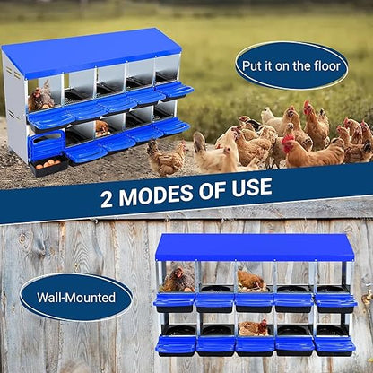 Chicken Nesting Boxes, 10 Hole Metal Chicken Laying Box with with Removable Trays and Roll Out Egg Collection for Chicken Coop, Blue