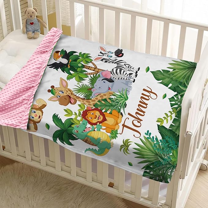Custom Name Baby Swaddle Blanket – Cozy Flannel with Double-Layer Dotted Backing – Lion and Jungle Theme for Infants and Toddlers