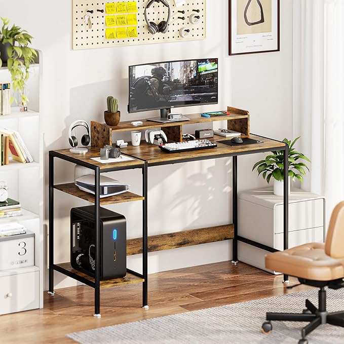 Computer Desk Gaming Desk with Monitor Stand, Home Office Desk Suitable for 2 Monitors, Writing Desk with Adjustable Storage Space,Sturdy and Durable Modern Small Desk (Vintage, 47inchs)