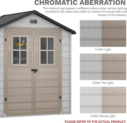 DWVO 6x4.4 FT Outdoor Storage Shed, Plastic Garden Tool Shed with 2 Windows, Double-Wall Outside Shed for Lawn Mower, Garden Tool for Backyard, Patio, Lawn, Lockable, Greige&Gray