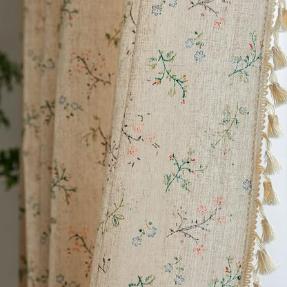 ENJOYBRIDAL Floral Bedroom Curtains 84 Inch Length 2 Panels Set Farmhouse Semi Sheer Living Room Drapes Cotton Linen Blend Bohemian Window Curtain Panels with Tassel Beige Rod Pocket Drapes