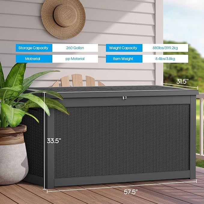 Extra-Large 320 Gallon Outdoor Storage Bin - Waterproof Resin Deck Box for Pool, Patio & Garden, Lockable Outdoor Deck Box for Cushions & Tools, UV-Resistant, Jet Black