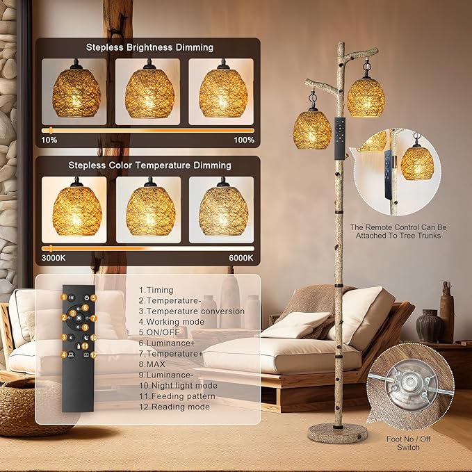 Scenekoy 68.5" Rustic Farmhouse Remote Control Switch Birch Tree Floor lamp