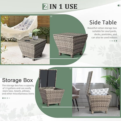 Outvita Outdoor Side Table, Rattan Coffee Table with Storage 13 Gallon Patio Small Deck Storage Box for Cushion Towel Books, Brown Side Table with lid