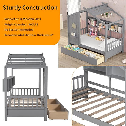Linique Wooden Full Size House Bed with 2 Drawers and Storage Shelf,Full Platform Bed Frame with Pitched Roof,Gray