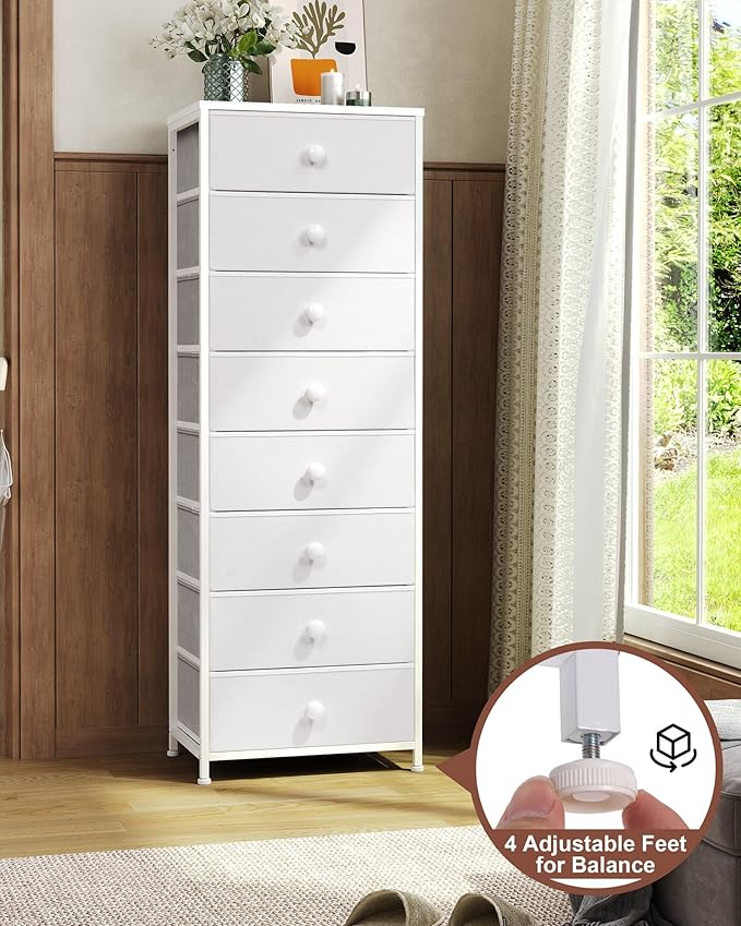 Crestlive Products Tall Dresser, 8-Drawer Fabirc Storage Tower, Chests of Drawers - Vertical Organizer Unit for Bedroom, Hallway, Entryway, Nursery, Closets - Steel Frame, Wood Top & Handles (White)