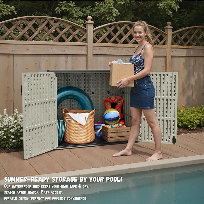 Patiowell 25 Cu.ft Outdoor Storage Cabinet with Lockable Door, Waterproof Horizontal Storage Shed for Tools and Patio Furniture, All-Weather Resin Shed Easy Assemble for Pool or Backyards, Brown