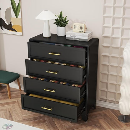 4 Drawers Tall Black Dresser for Bedroom, 44.45" Metal Dressers & Chests of Drawers Curved Corner Design, Storage Organizer Drawer Chest with Large Capacity for Living Room, Entryway, Hallway