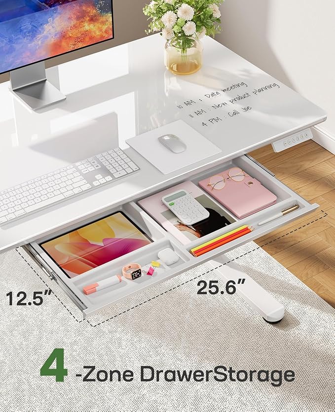Marsail Glass Standing Desk with Drawer, 55 x 28 Inches Adjustable Desk, Home Office Desks with One-Piece Tempered Glass Top, Ergonomic Home Office Sit Stand Desk with 4 Preset Heights, White
