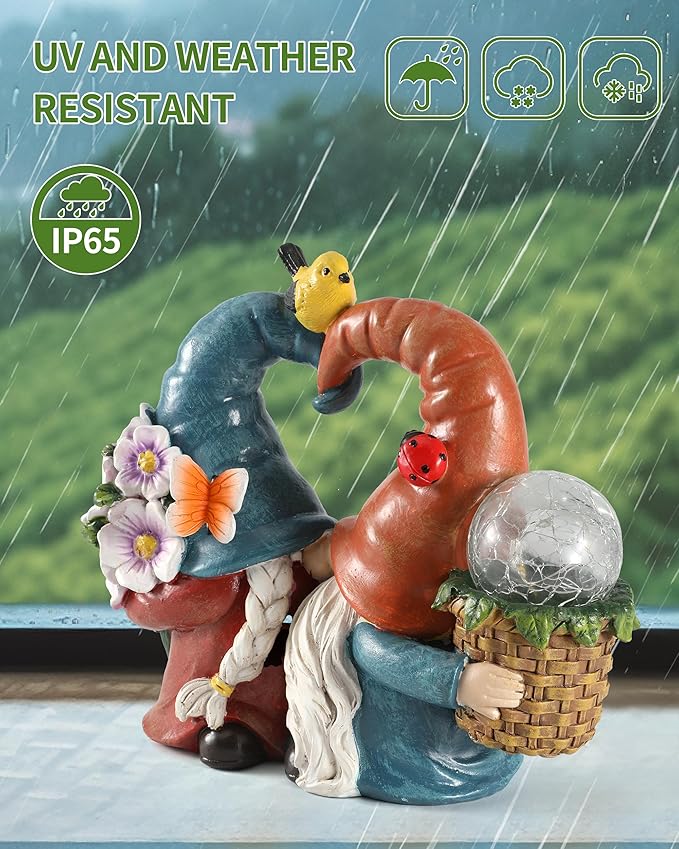 iStatue Solar-Powered 8.3'' Spring Summer Kissing Gnomes Decorations for Home & Garden - Decorative Outdoor Lawn Ornaments and Statues Clearance (Loved Gnomes)