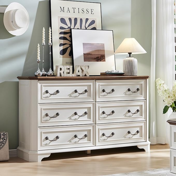 T4TREAM Farmhouse 6 Drawers Dresser for Bedroom, 54" Wide Wood Rustic Chest of Drawers with Natural Texture, Vintage Design, Storage Dressers Organizer for Bedroom, Living Room, Antique White