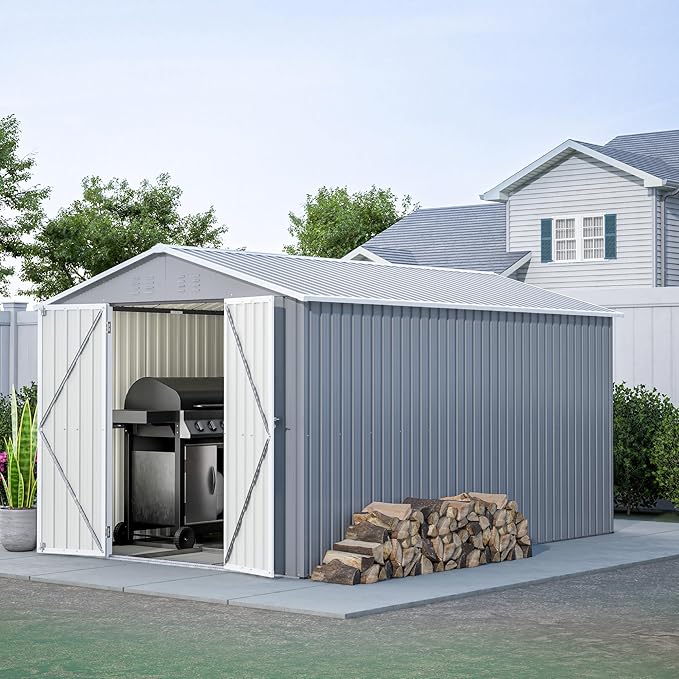 8×12 FT Storage Shed with 1 Lockable Door and Vents,Metal Aluminum Waterproof Tool Sheds,Heavy-Duty Sheds Unit W/Floor Frame,Lock & Key,Garden Shed for Storing Bicycles,Barbeques,Gray