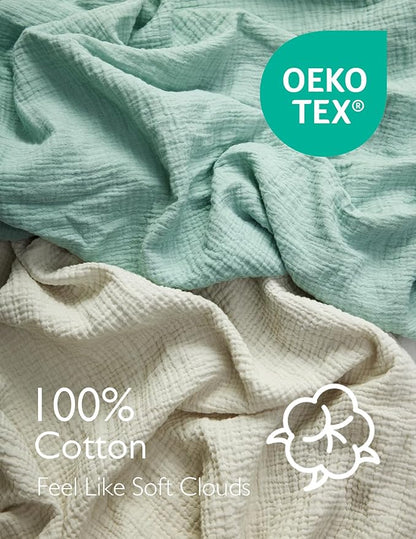 Momcozy Muslin Mini Crib Sheets Fitted - 38''x26'' Pack and Play Sheets for Pack N Play Mattress, 2 Pack Soft & Breathable Natural Cotton Non Slip Bed Cover for Boys, Girls, Grey Green