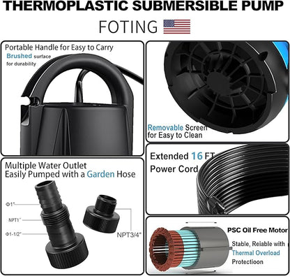 FOTING Sump Pump Automatic 3/4HP Clean/Dirty Submersible Water Pump, 3500GPH Utility Pump Thermoplastic Electric Portable Transfer Water Pump for Swimming Pool Garden Pond Basement with 16ft Long Cord