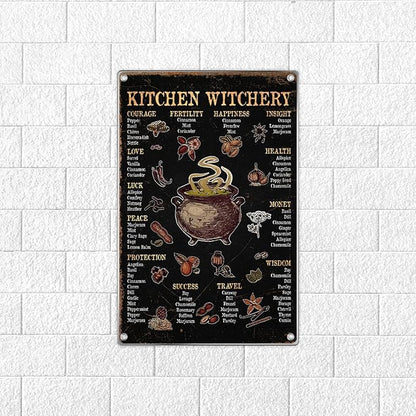 Kitchen Witchery Herbs Meaning Chart Metal Sign Witchcraft Cauldron Illustration Home Witch Decor Spiritual Rustic Wall Decoration 8 x 12 Inch Outdoor Indoor Aluminum