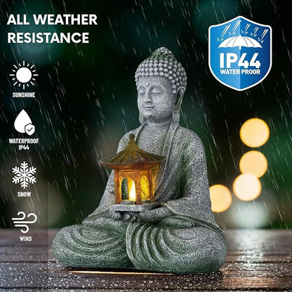 Buddha Garden Statue with Solar Light, Resin Zen Decor for Outdoor Patio or Indoor Meditation, Spiritual Gift for Women and Friends (Grey Pavilion)