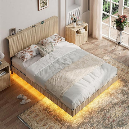 Evermagin Natural Queen Floating Bed Frame with Headboard, Boho Fluted Platform Bed with LED Lights, Heavy Duty Floating Bedframe with Charging Station, No Box Spring Needed