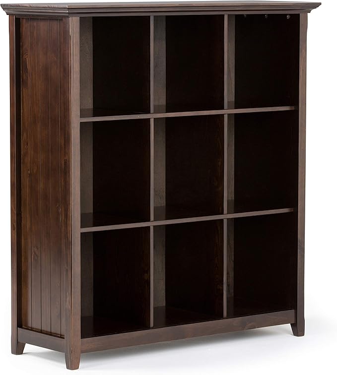 SIMPLIHOME Acadian Bookcase - 44 inch Tall 9-Cube Solid Wood Cube Organizer in Brunette Brown, Transitional Bookcase Storage for Living Room, Study Room or Office with Fixed Shelves and Tapered Legs