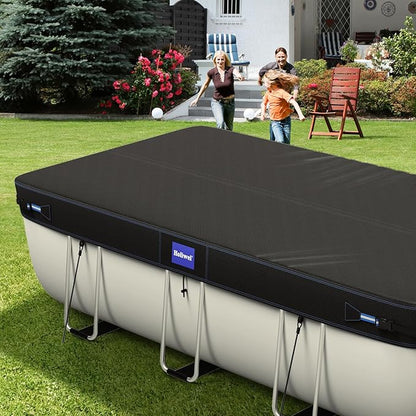 12x18 Ft Rectangular Pool Cover with Reflective Strips for Above Ground Pool, 420D Swimming Pool Cover for Rectangular or Oval Frame Pools, Solar Cover with Drawstring and Ground Nails