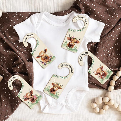 Whaline 8Pcs Baby Closet Size Dividers Watercolor Highland Cow Hanging Wood Baby Closet Organizer Newborn to 24 Months Thicken Baby Wardrobe Organizer