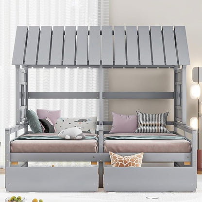 Harper & Bright Designs Twin Size House Platform Beds with Two Drawers for Boy and Girl Shared Beds, Combination of 2 Side by Side Twin Size Beds, Gray