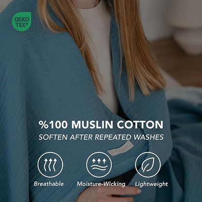 Goqan Muslin Blanket Twin 55x79 – 100% Cotton 4 Layer Boho Muslin Blanket for Adults, Lightweight, Soft, Breathable, for Bed, Couch - Teal