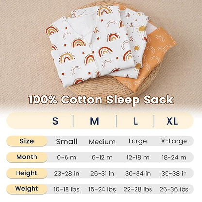 PHF Soft Baby Sleep Sack 6-12 Months 100% Organic Cotton Wearable Blanket, 2-Way Zipper 0.5 TOG Toddler Sleeping Sack 3 Pack, Comfy Sleep Bag for Baby Boys Girls, Rainbow (Medium)