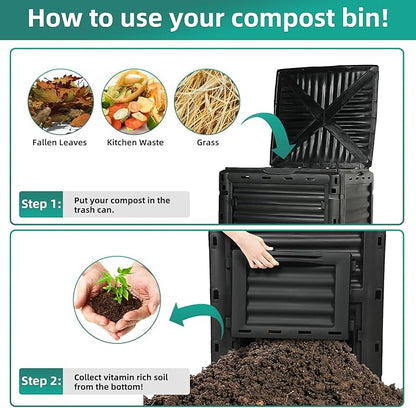 Compost Bin Outdoor 80 Gallon (300L) Large Compost Bin Composter with w/Top Flip Latch-on Lid BPA-Free Composter Barrel for Garden, Kitchen, and Yard Waste, Black, Easy Assembly