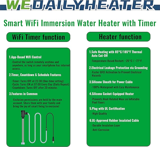 1800W Immersion Water Heater for Hot Tub & pool – Portable Fully Submersible Electric Heater with Temp Control & Wifi Timer for Inflatable Pool, Above Ground Pool, Spa, Bathtub & bucket