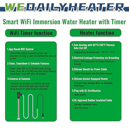 2000W Fully Submersible Water Heater for Bathtub & Swimming Pool – Portable Immersion Electric Heater with WiFi Timer & Temp Control for Above Ground Pool, Inflatable Pool and Hot Tub