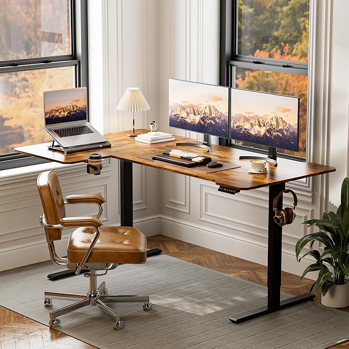71 Inch L Shaped Standing Desk Adjustable Height, Electric Corner Standing Desk, Sit Stand Computer Table with Reversiable Splice Board, Rustic Brown