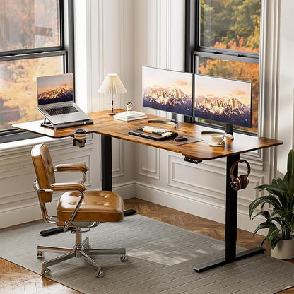 71 Inch L Shaped Standing Desk Adjustable Height, Electric Corner Standing Desk, Sit Stand Computer Table with Reversiable Splice Board, Rustic Brown
