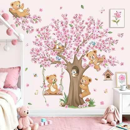 decalmile Woodland Animals Large Cherry Blossom Tree Wall Stickers Pink Flower Bear Wall Decals Baby Nursery Kids Bedroom Living Room Home Decor