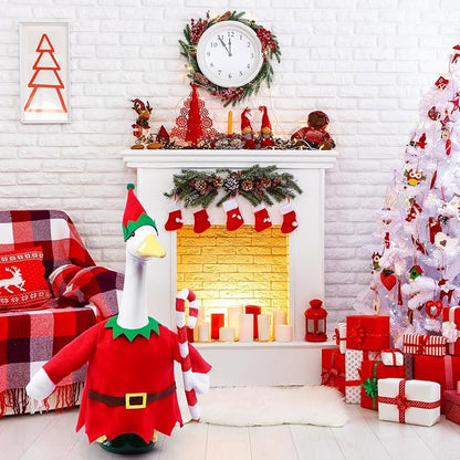 Christmas Toy Soldier Style Porch Goose Outfits,2 Pcs/Set Goose Clothes with Pointed Hat and Candy Cane Fits 23" Lawn Goose Statue,Red Christmas Outdoor Goose Costume,Yard Patio Garden Xmas Decor