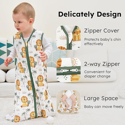 Baby Sleep Sack 0-6 months, 100% Cotton Sleeping Sack for Newborn and Infant, 3 Pack Baby Wearable Blanket, 0.5 Tog Lightweight Double Zipper Sleep Bag Small Brown Green Lion