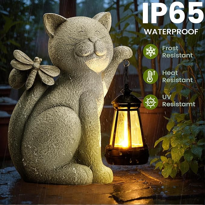 Solar Garden Outdoor Statues Cat with Solar Lantern,Outdoor Cat Figurines Decorations,Lawn Decor Rabbit Statue for Patio, Balcony, Yard Ornament,Unique Housewarming and Birthdays Gifts for Mom Women
