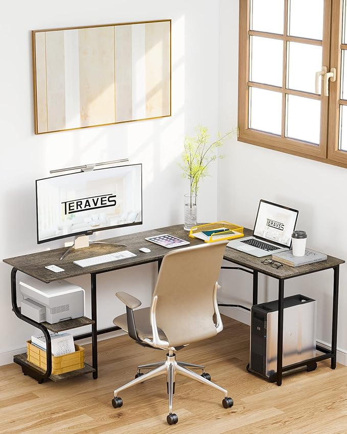 Teraves Reversible L Shaped Desk with Large Surface, 69 Inch Sturdy Corner Desk with Storage Shelves, Premium Office Computer Desk Workstation for Home Office Gaming