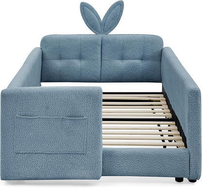 Twin Size Upholstered Platform Bed with Safety Guardrail and Cute Rabbit Ear Shaped Headboard, Boucle Fabric Montessori Kids Bed with Pocket and Sturdy Slats Support (Baby Blue-7.24)
