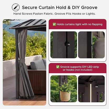 SUNJOY Kingston 12' x 12' Hardtop Gazebo with Galvanized Steel Double Roof, Curtain and Netting, Brown Aluminum Posts Permanent Pavilion Gazebo for Garden, Patio, Deck, Lawn