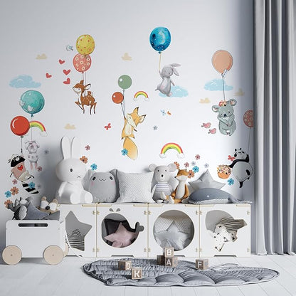 Hot Air Balloon Wall Decals by Lipastick - Peel and Stick Animal Stickers Raccoon, Fox, Koala, Panda for Kids Room, Nursery, Playroom, Bedroom - Playroom Wall Decals for Boys, Girls, Babies - M Size